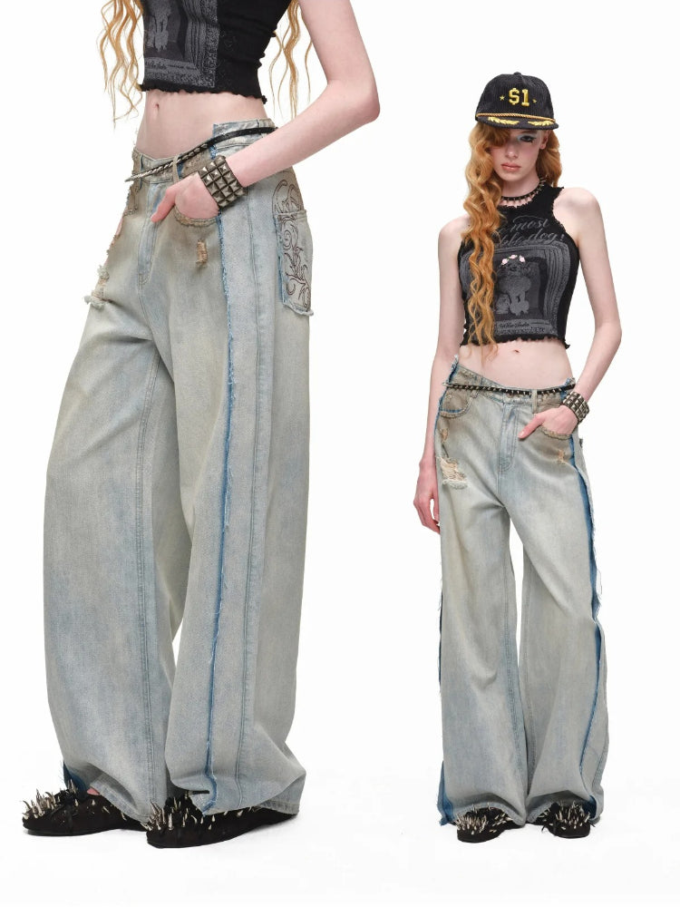 Distressed Curved Denim Pants