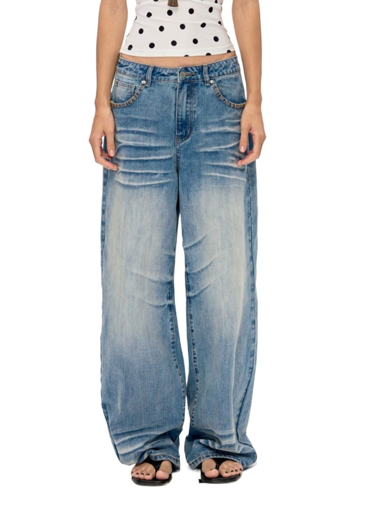 Washed Blue Drapey Wide-Leg Jeans