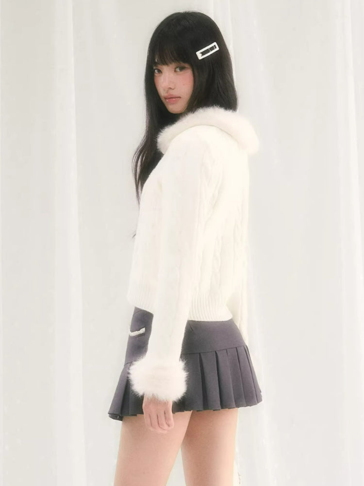 Cable Knit Fur Collar Cardigan