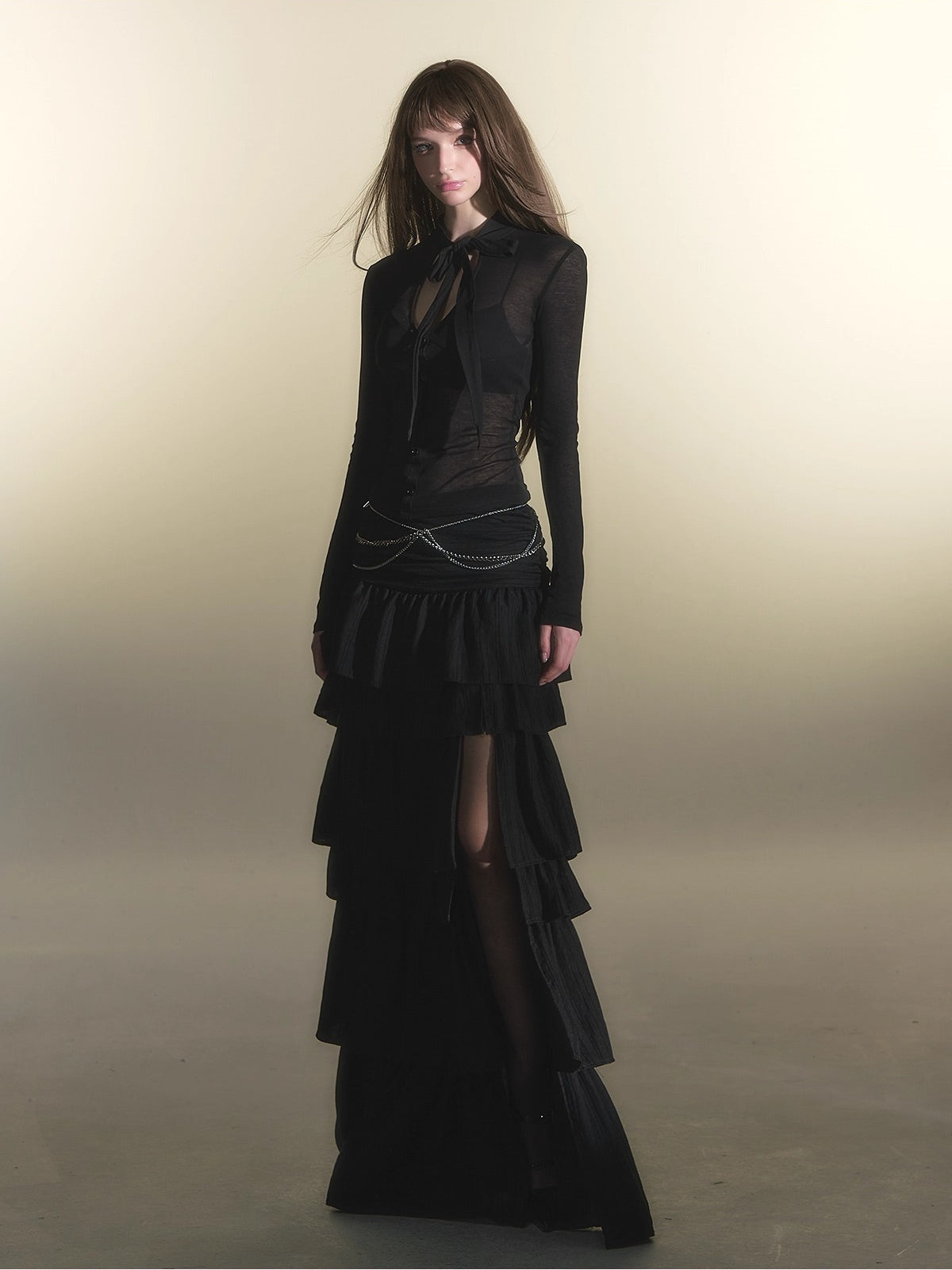 Black V-neck Tencel Wool Long Sleeve Tee