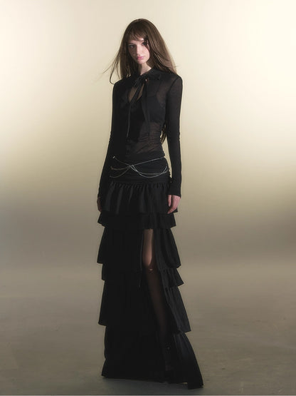 Black V-neck Tencel Wool Long Sleeve Tee