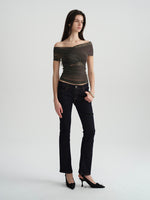Two-Tone Mesh Lace Cross-Front Blouse