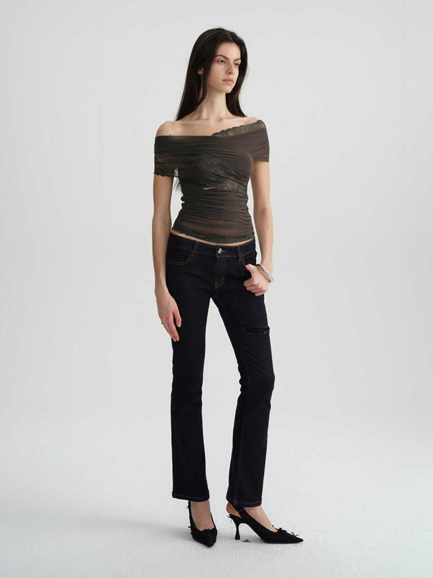 Two-Tone Mesh Lace Cross-Front Blouse