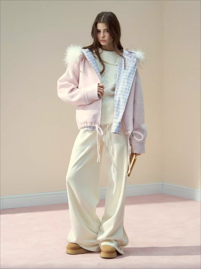 Checked Waist Wool Straight-Leg Pants