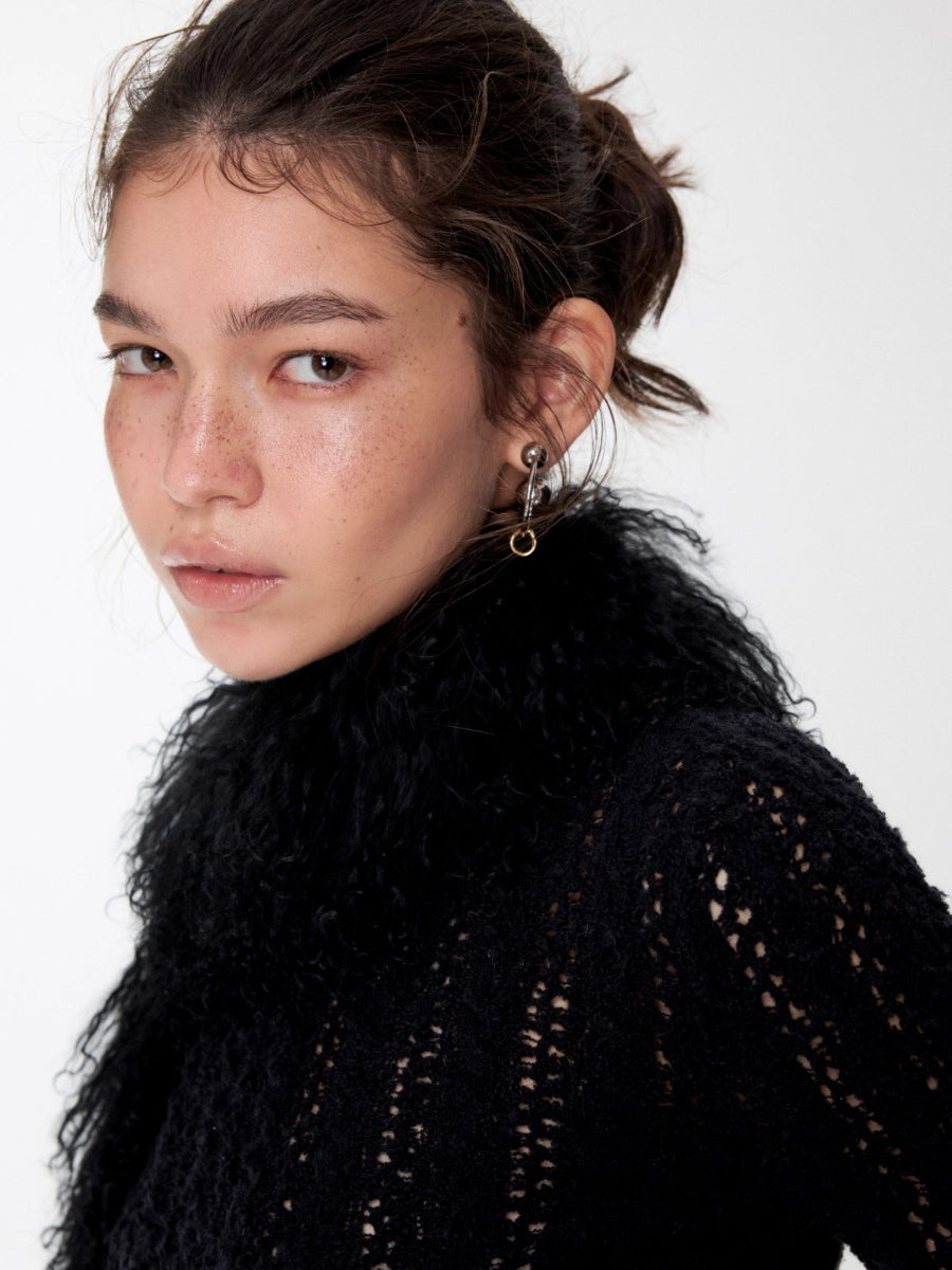 Cable Knit Faux-Fur Trim Fitted Sweater