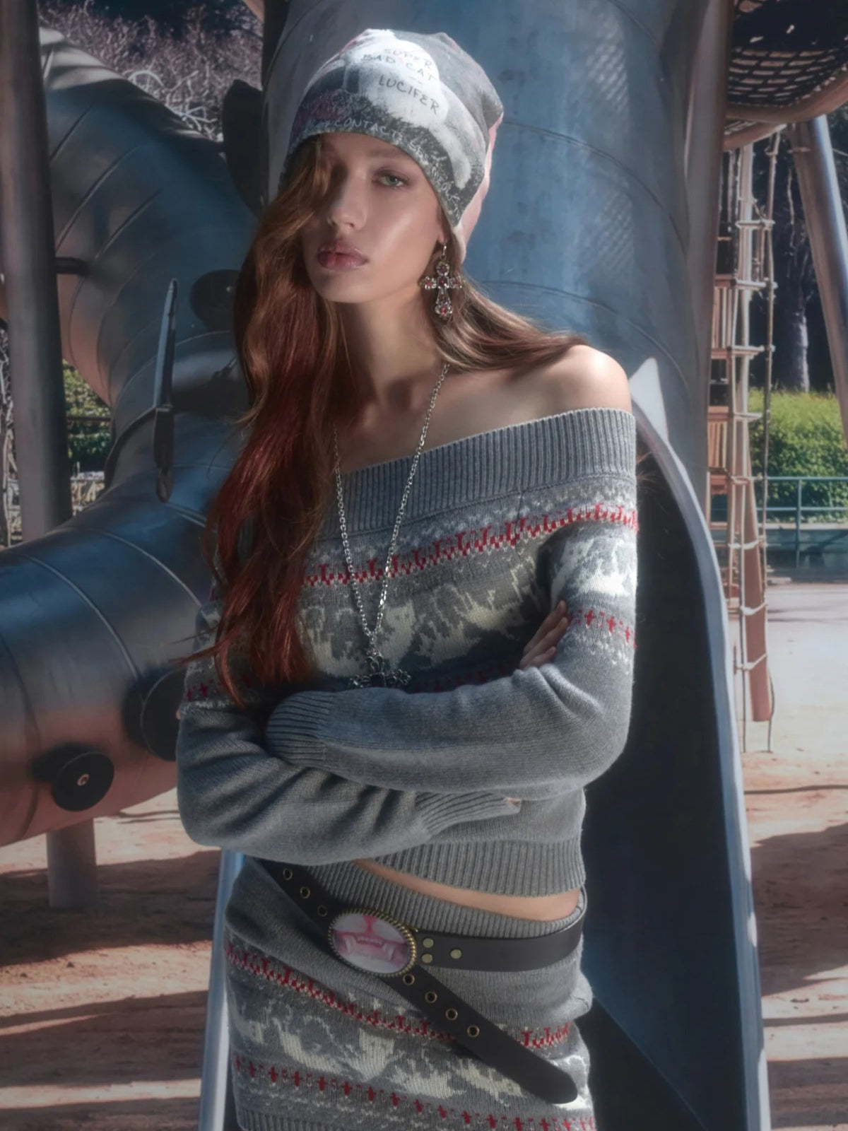 Fair Isle Cat Off-Shoulder Sweater