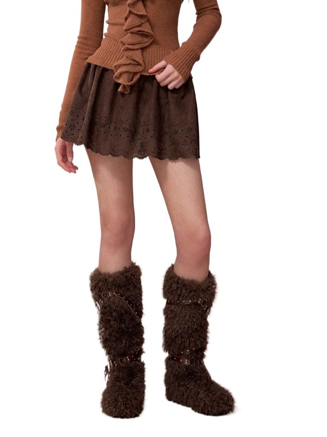 Embroidered Faux Suede A-Line Skirt