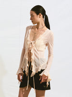 V-Neck Ruffle Mesh Overlay Top