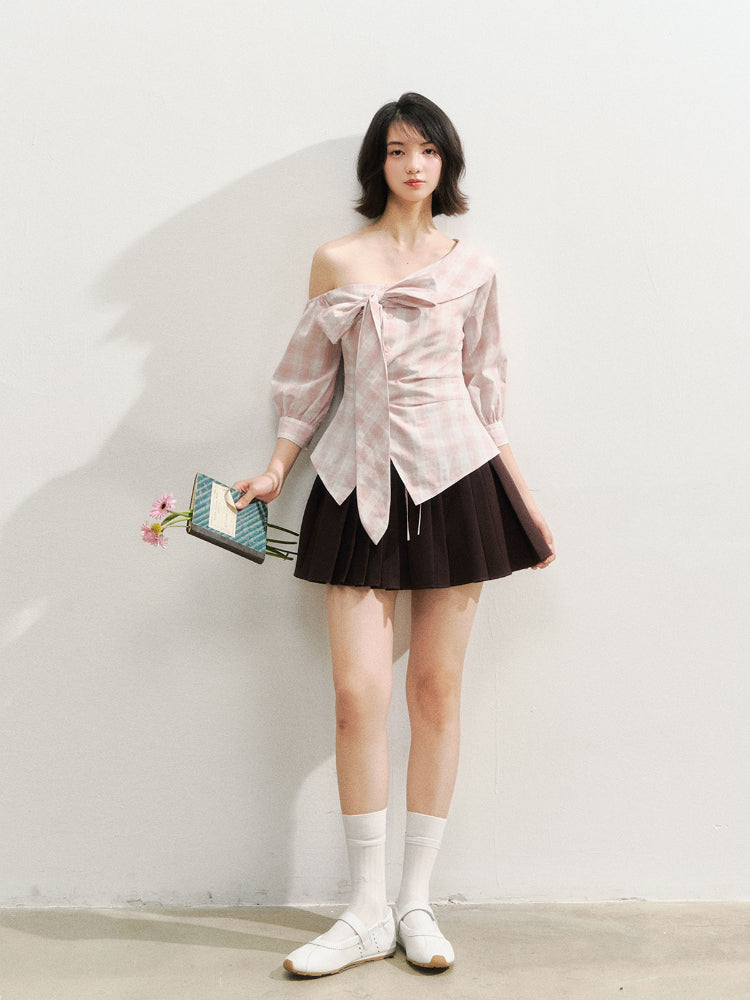 Brown &amp; Navy College Pleated Skirt