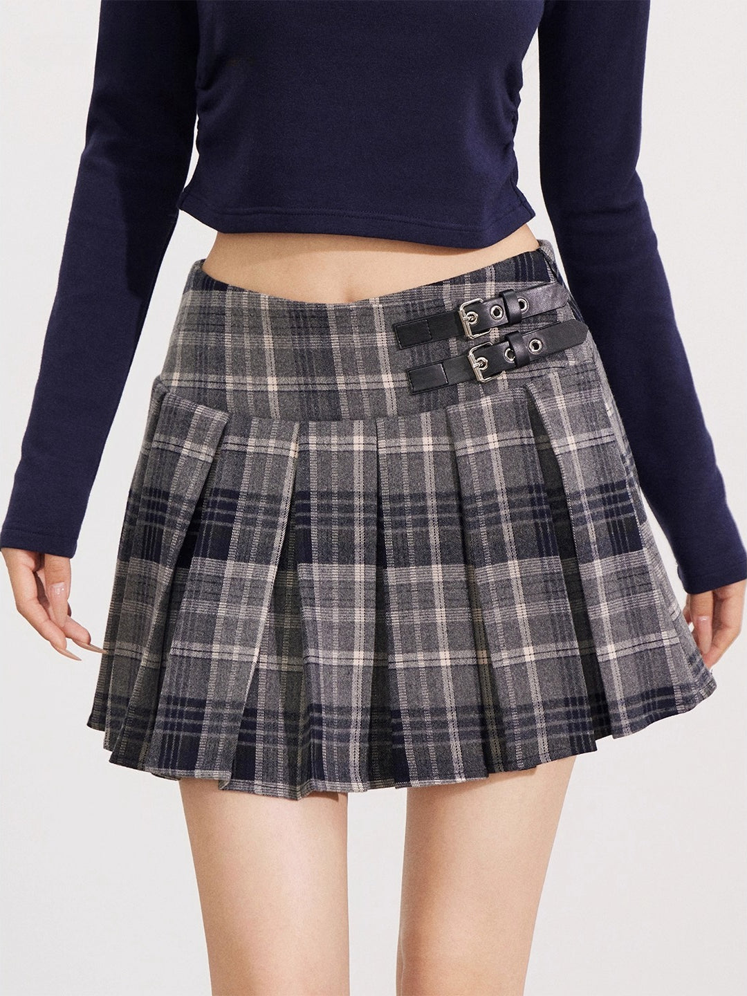 Plaid &amp; Brown Wool Pleated Mini Skirt
