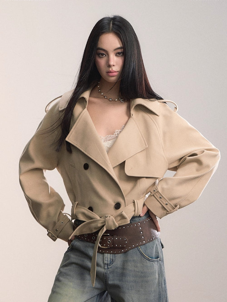 Short Double-Breasted Belted Trench Jacket