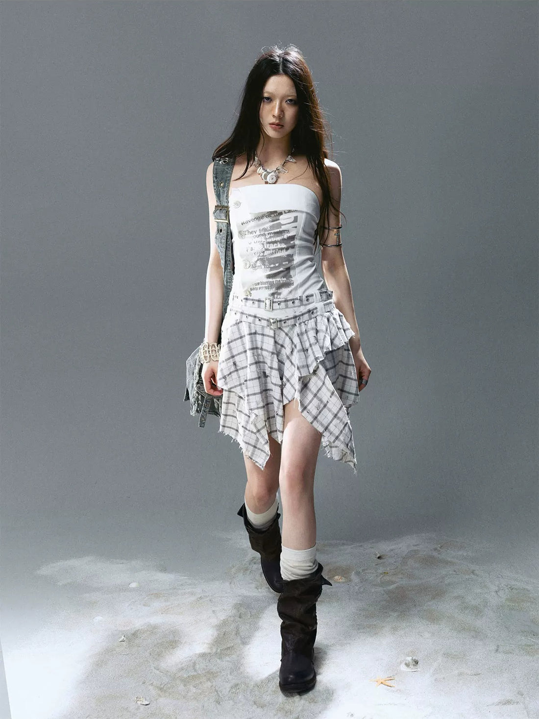 Graffiti Ruched Plaid Bustier Dress