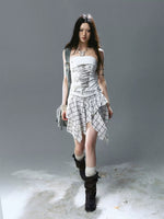 Graffiti Ruched Plaid Bustier Dress
