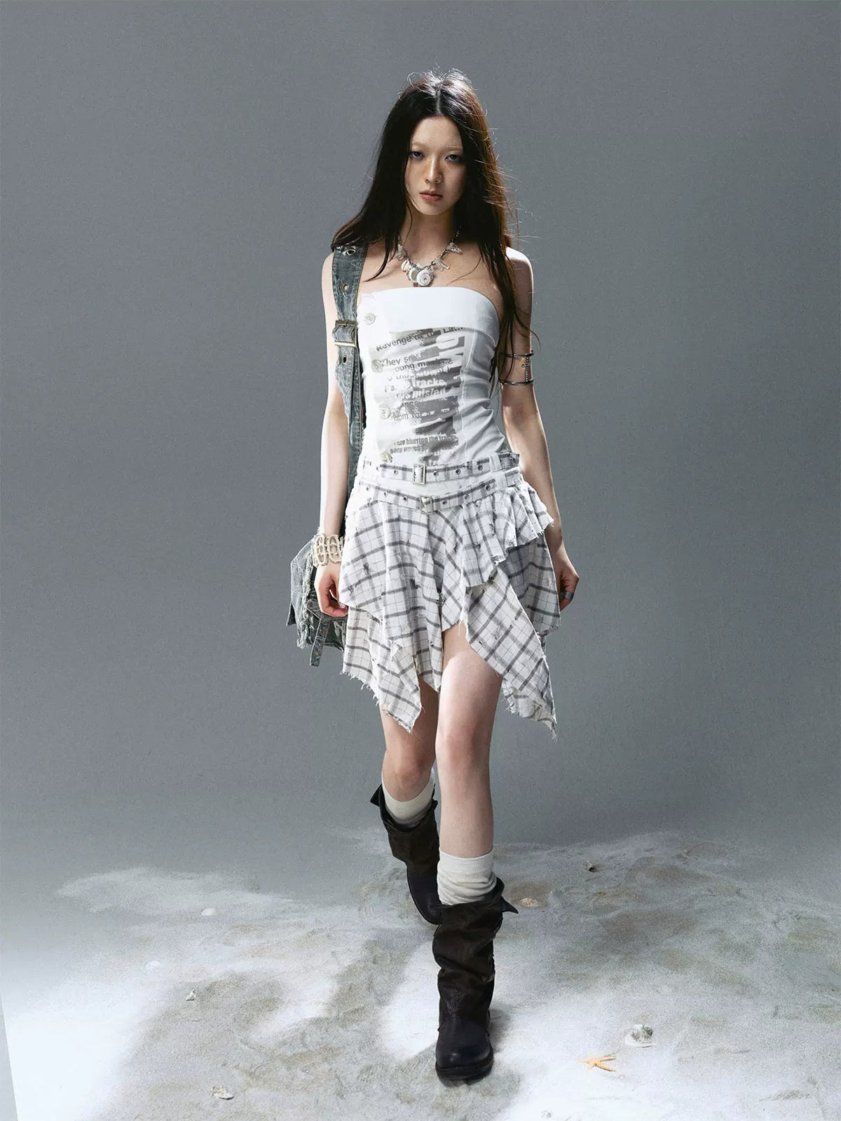 Graffiti Ruched Plaid Bustier Dress