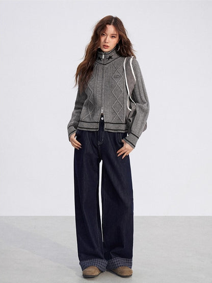 Contrast Zip Cable Sweater