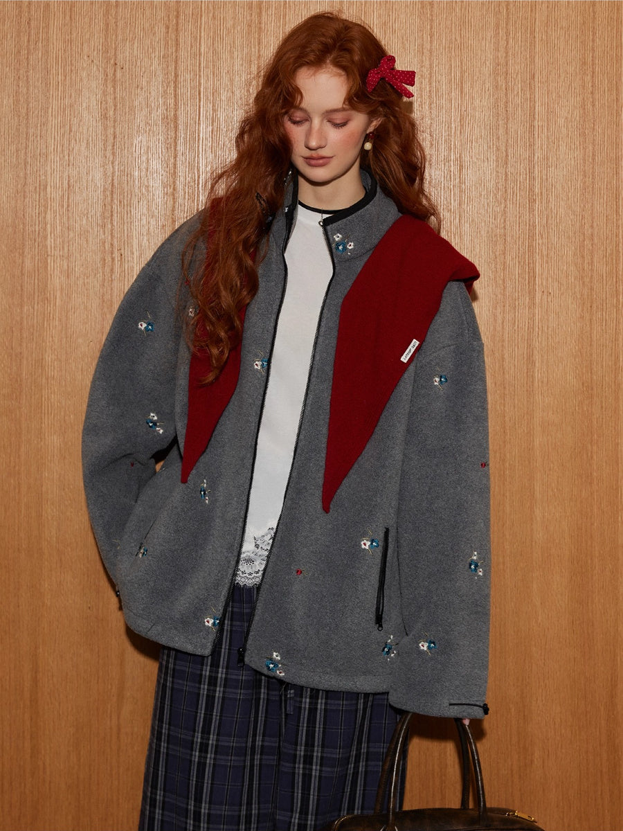 Floral Embroidered Fleece Jacket
