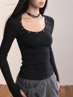 Studded Asymmetric U-Neck Long Sleeve Knit Top