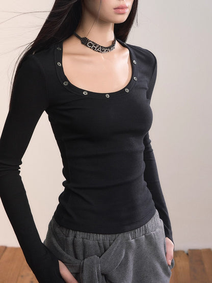 Studded Asymmetric U-Neck Long Sleeve Knit Top