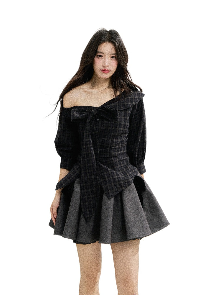 Checkered Bow One-Shoulder Asymmetric Waist-Cinching Shirt