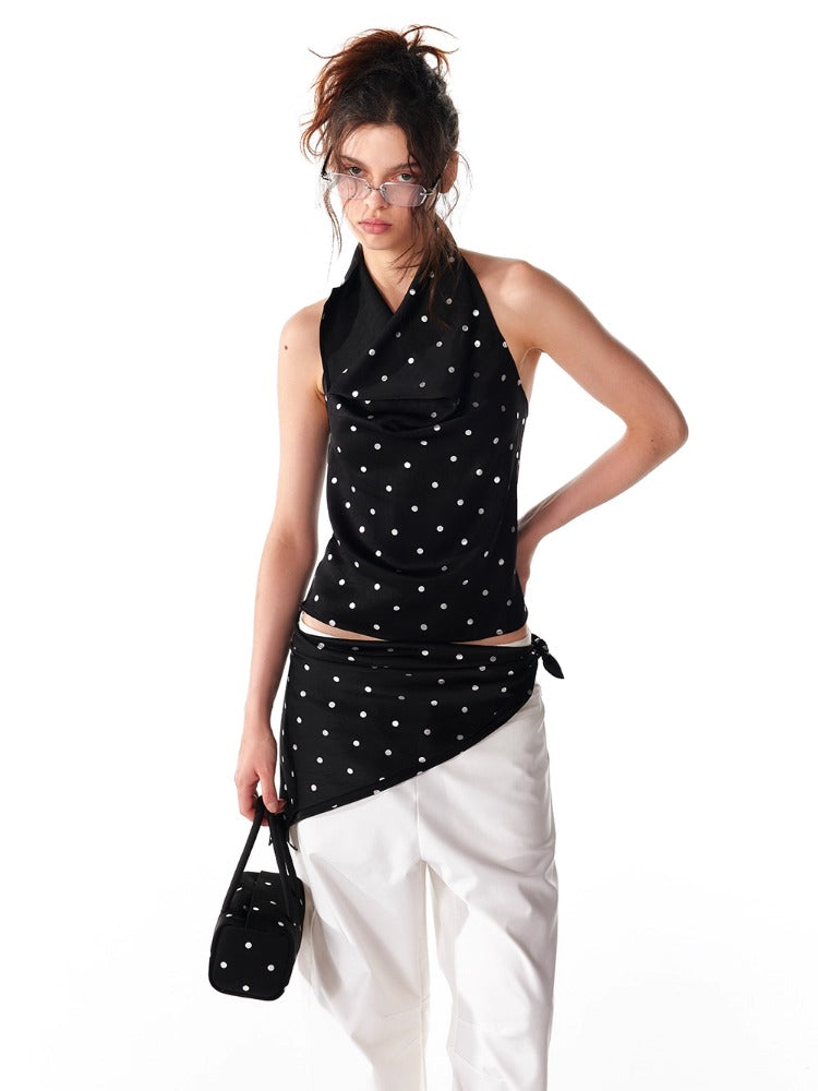 Black Silver Polka Dot Neckline Backless Top