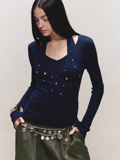 Wool Halter Sequin Long-Sleeve Top