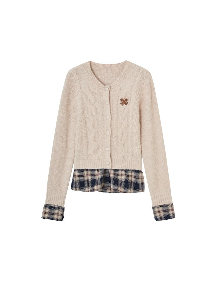 Plaid Layered Cable Cardigan