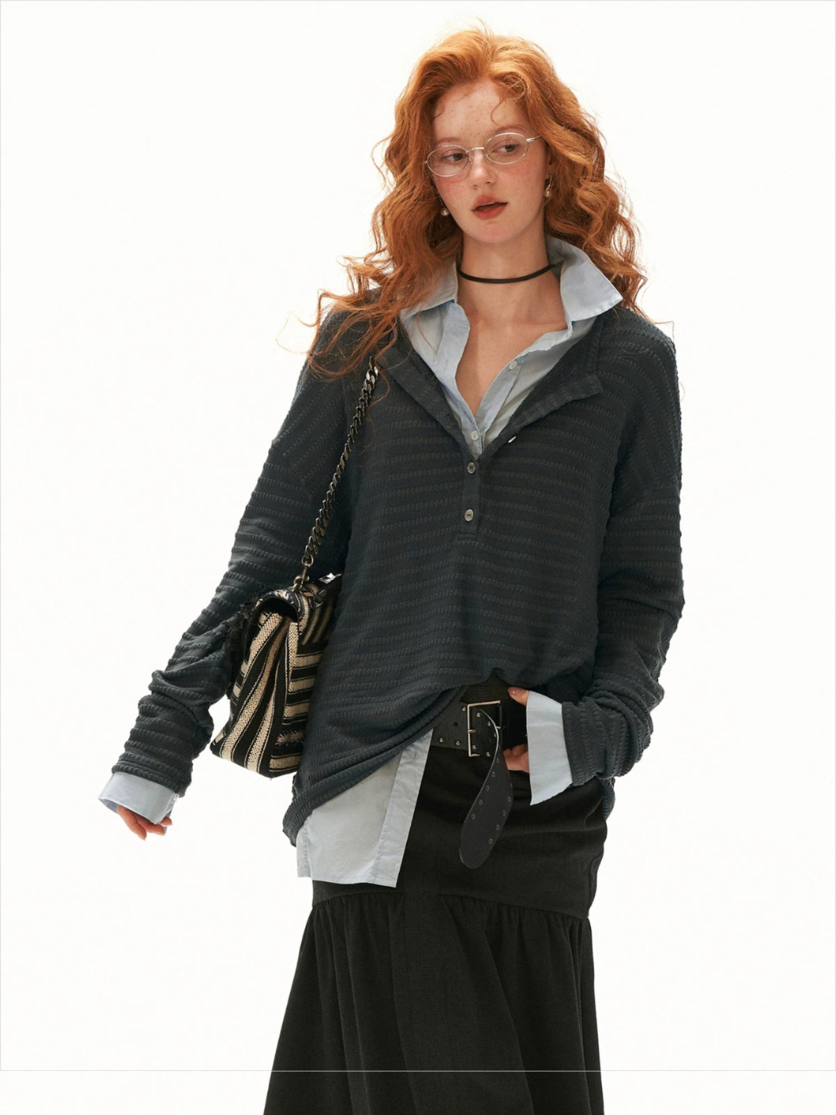 Textured Henry Neck Long Sleeve Top