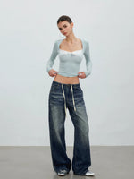 Ombré Whisker Drawstring Straight Jeans