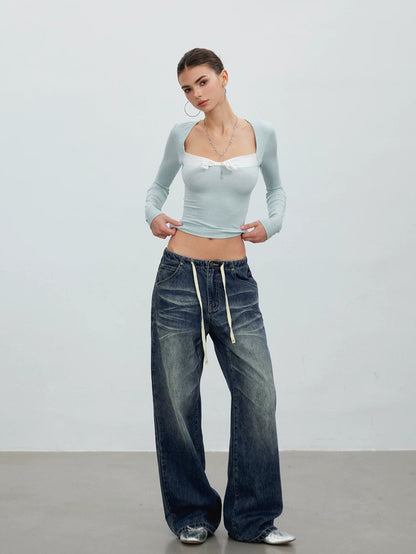 Ombré Whisker Drawstring Straight Jeans