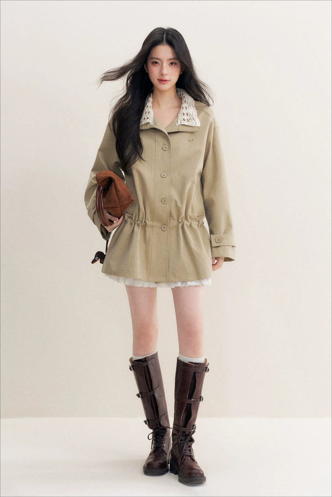Crochet Collar Drawstring Coat