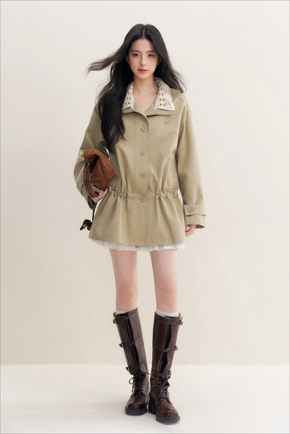 Crochet Collar Drawstring Coat