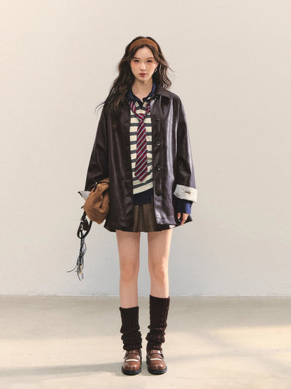 Brown A-Line Belted Pleated PU Leather Skirt