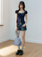 Layered Lace Bow Puff Top