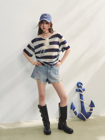 Striped Embroidery Drawstring Tie T-Shirt