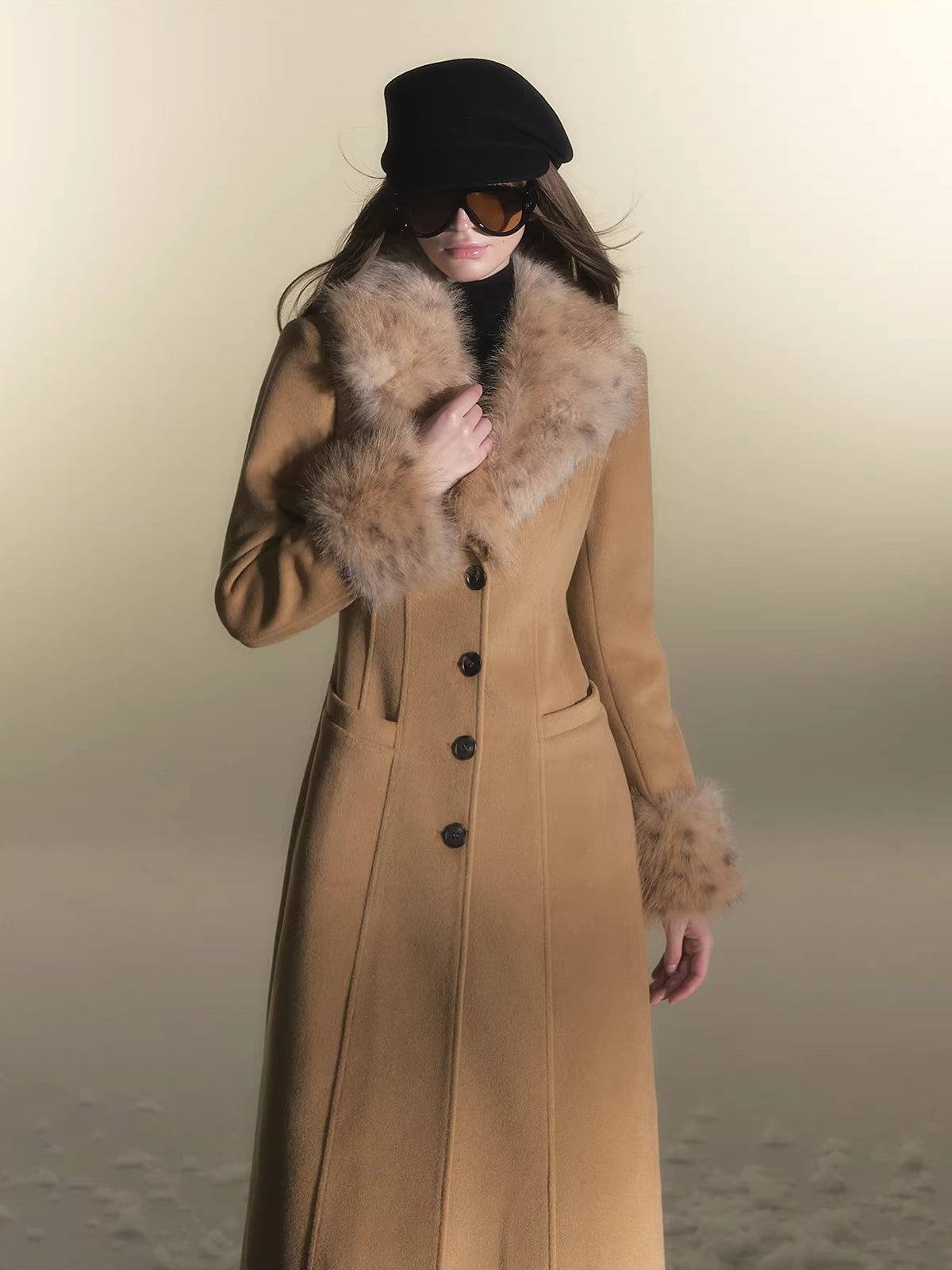 Leopard Fur Trim Fitted Wool Coat