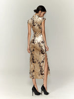 Khaki Velvet Printed Qipao Dress