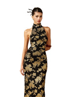 Black Gold Halter Qipao Evening Dress