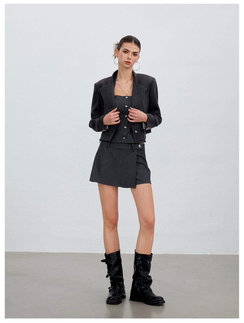Asymmetric Mock-Layer Heart-Button Skirt