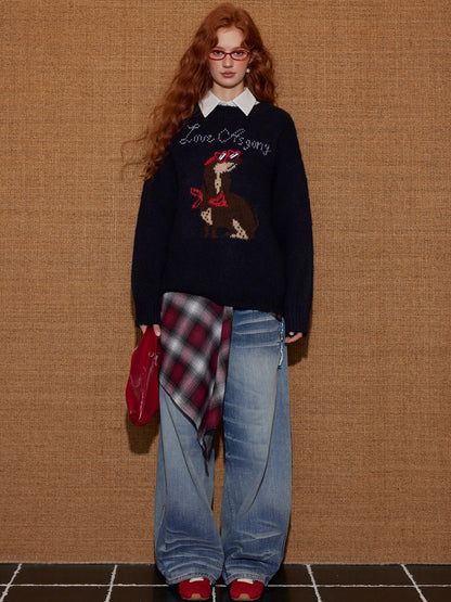 Animal Jacquard Embroidered Knit Sweater