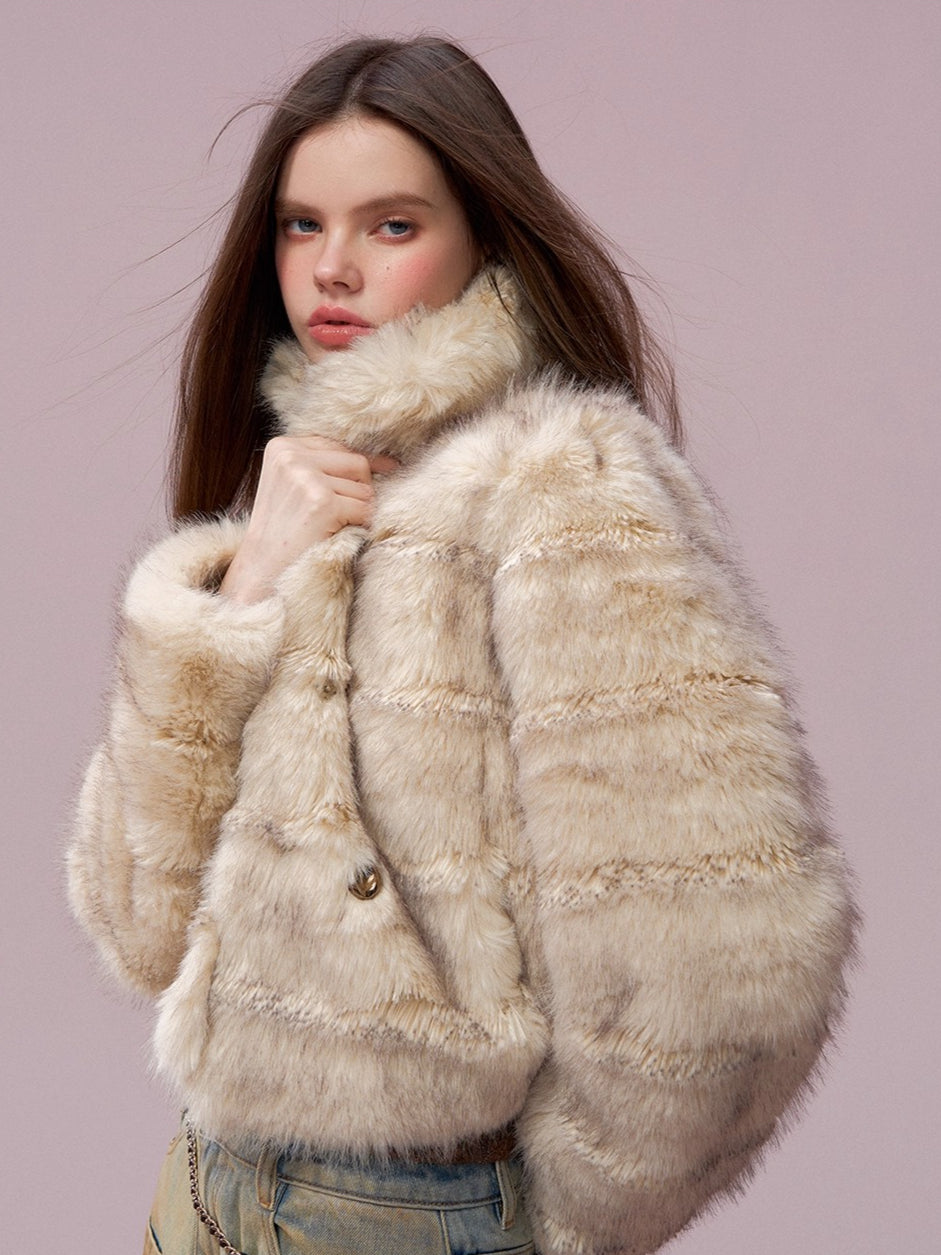 Apricot Double-Breasted Fur Jacket
