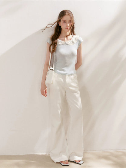 Lace-Collar Knit T-Shirt