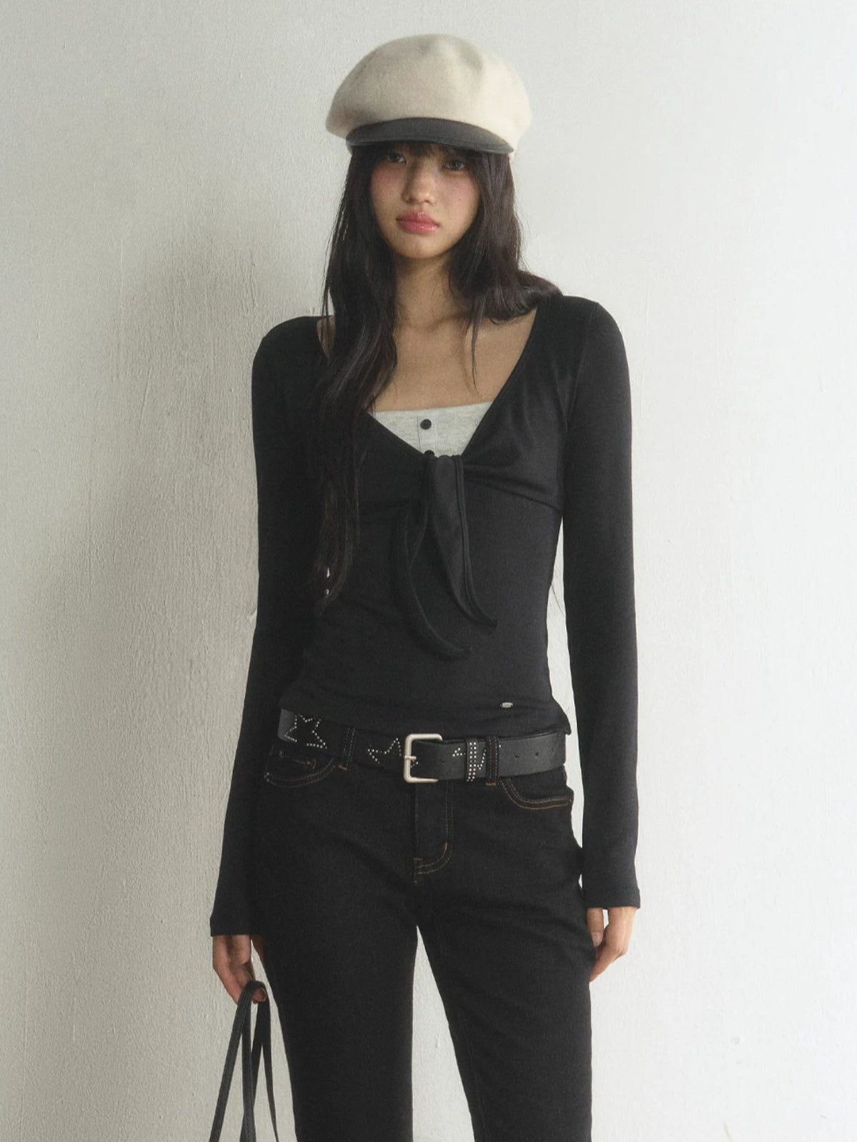 Contrast Bow V-Neck Layered T-Shirt