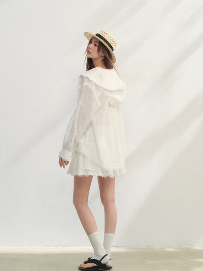 White Lace Panel Hooded Coat &amp; Skirt Set