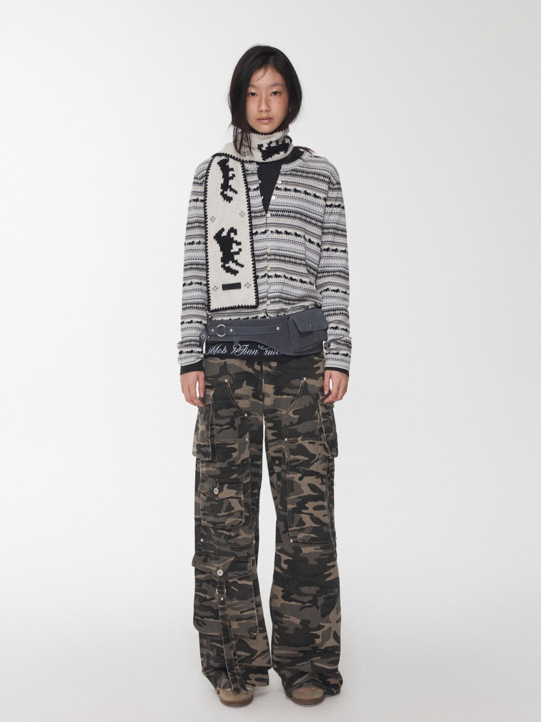 Fair Isle Pony Jacquard Drawstring Knit Cardigan