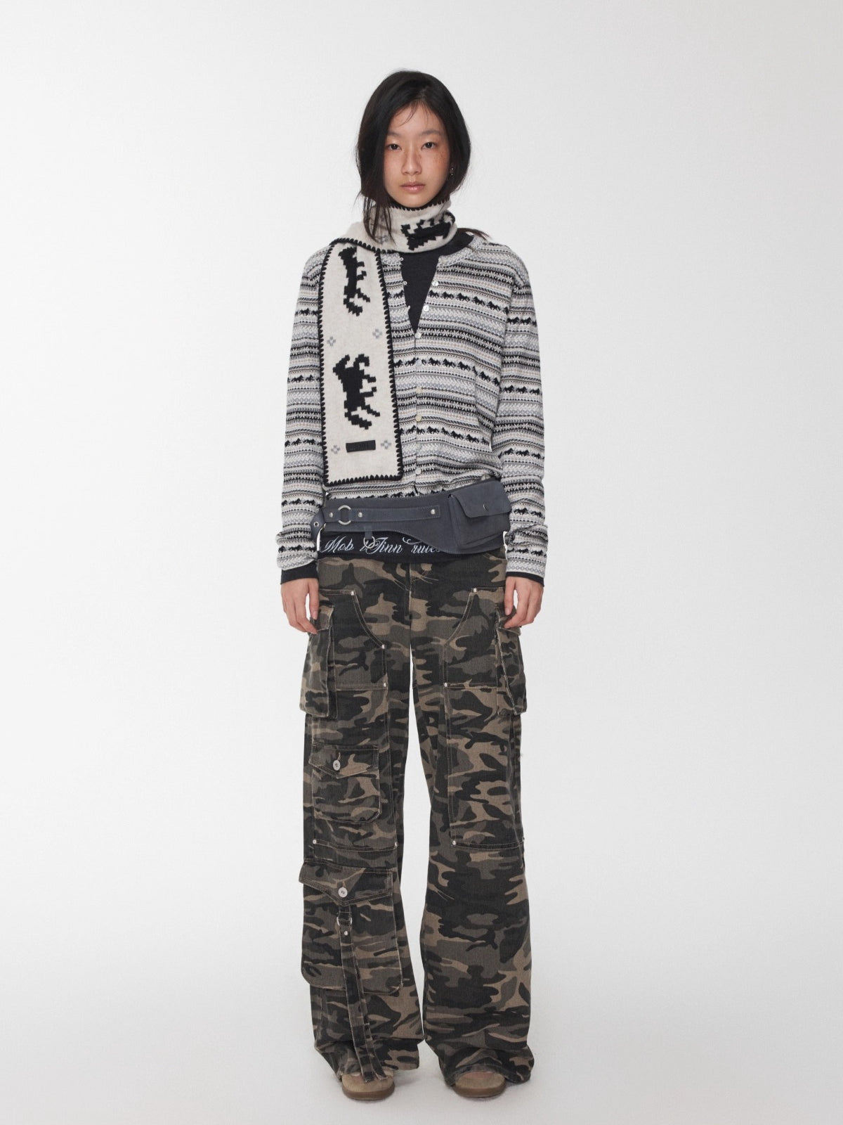 Fair Isle Pony Jacquard Drawstring Knit Cardigan