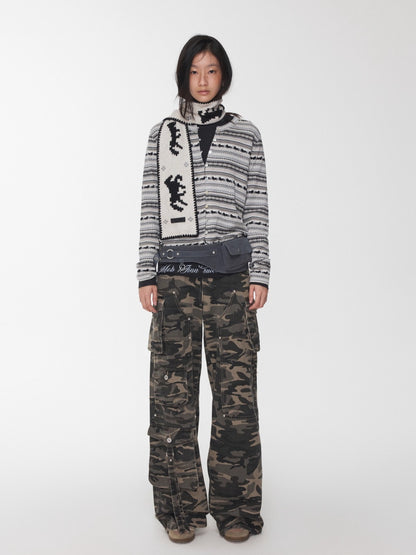 Fair Isle Pony Jacquard Drawstring Knit Cardigan