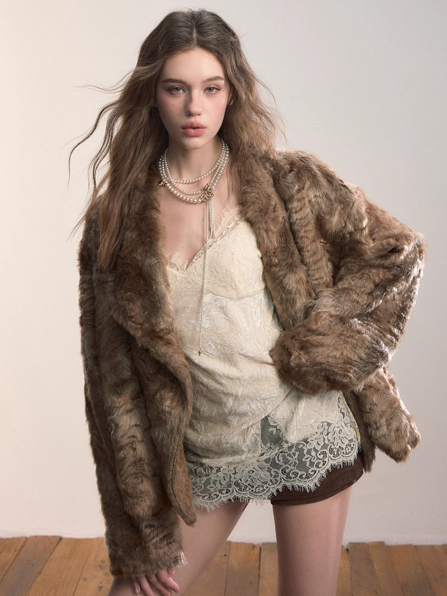 Textured Custom Large Notch Collar Faux Fur Coat