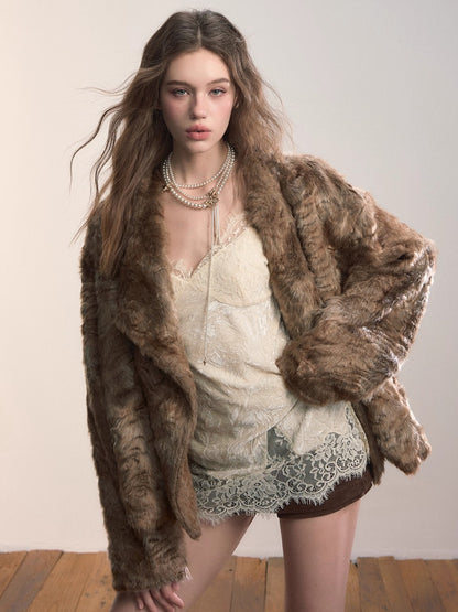 Textured Custom Large Notch Collar Faux Fur Coat