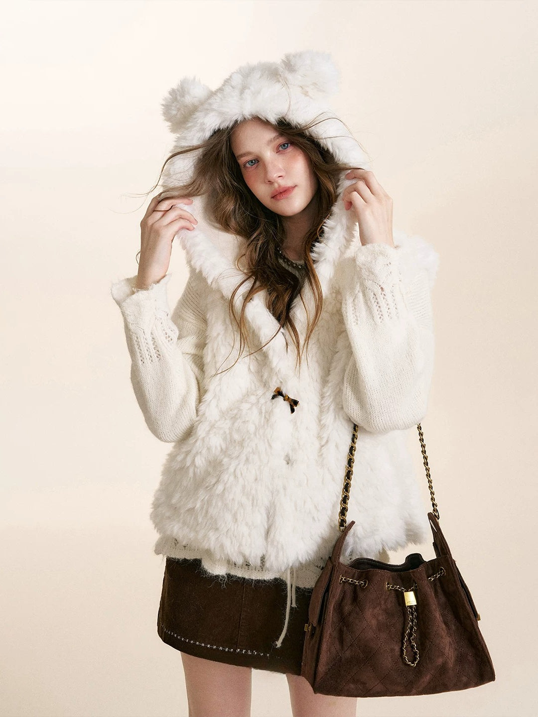 White Hooded Shearling Vest