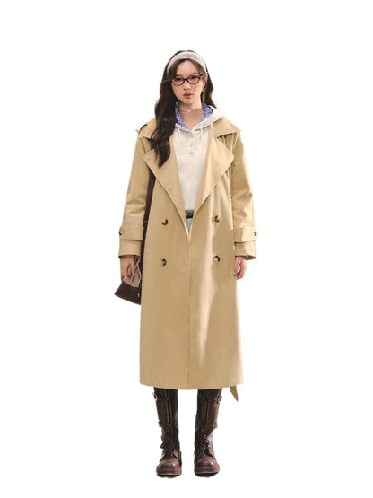 Khaki Embroidered Collar Khaki Long Trench Coat